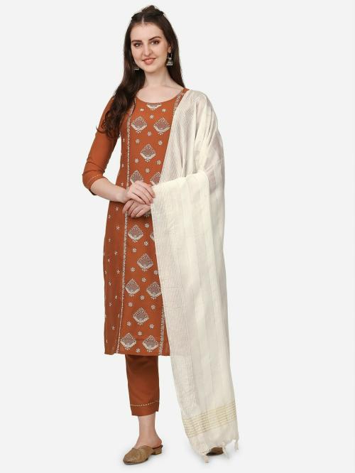 Happy Design Women Brown Embroidered Viscose Rayon Kurta, Pant and Dupatta Set