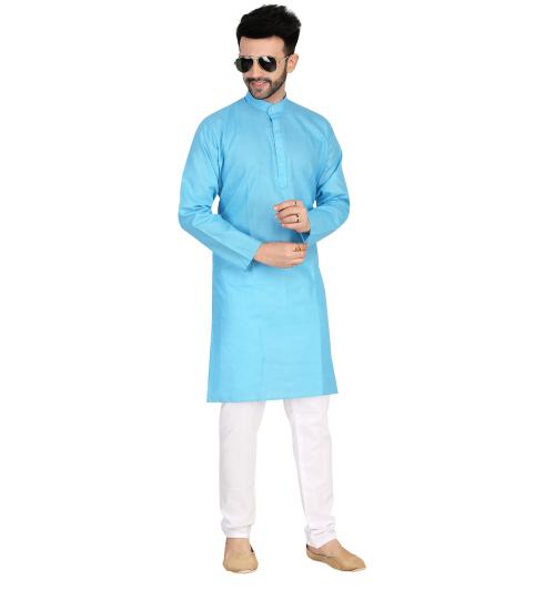 Skyl Men's Regular Fit Magic Cotton Solid Long Sleeves Light Blue Kurta Pyjama-S