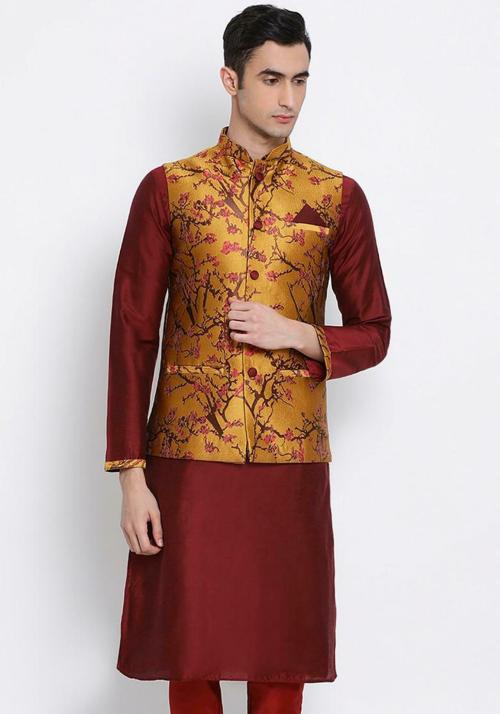 Sanwara Men Maroon Art Silk Floral Print Ethnic Jacket and Kurta Set