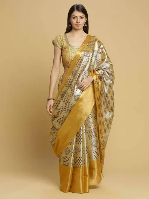 Manvish Drapes Women Silver Blocked Printed Tissue Kanjivaram Saree