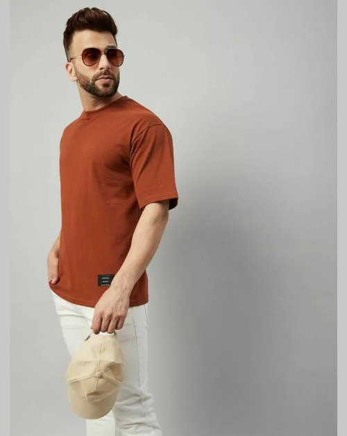 Gritstones Men Brown Half Sleeve Oversized Cotton Solid T-Shirt