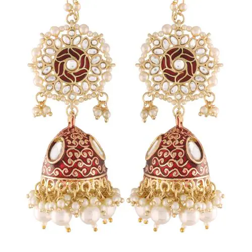 I Jewels 18K Gold Plated Alloy Intricately Designed Traditional with Detachable Hair Chain Encased with Kundans and Pearls Jhumka Earrings For Women (E2906M)