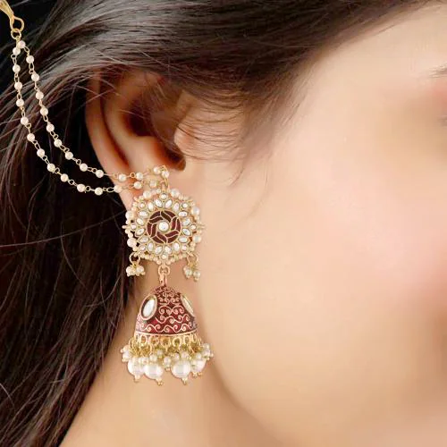 I Jewels 18K Gold Plated Alloy Intricately Designed Traditional with  Detachable Hair Chain Encased with Kundans and Pearls Jhumka Earrings For  Women (E2906M) - JioMart