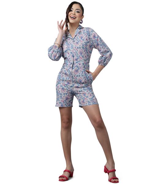 ANUSHIL Feminine Cotton Jumpsuit For Women- Short Length Jumpsuit for Girls, V Neck with Button Style - Floral Print Cotton Dress, 3/4 Sleeves With Back Waist Elastic(Colour-Grey,Size-XL)