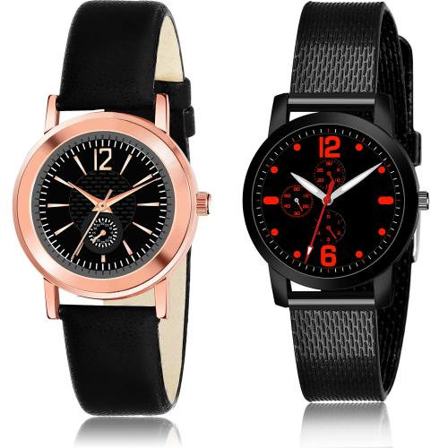 NIKOLA New Casual Simple Black Colour Analog Genuine Leather And Plastic Belt 2 Watch Combo For Women And Girls - GW11-(69-L-10)