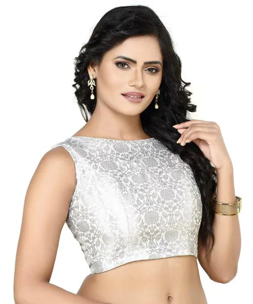 Madhu Fashion Women Silver Banaras Brocade Readymade Stitched Saree Blouse (40)