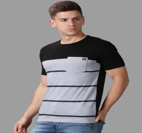 THE FASHION FACTORY Men Striped Round Neck Cotton Blend Black, Grey T-Shirt-N