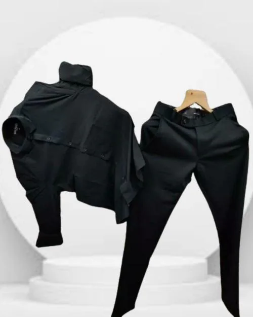 KALANABH Black shirt & Black pant pair- Men's plain black Casual Shirt with Long Sleeves & Laser Cut Collar- Regular Black formal Cotton Pant -Casual Wear Shirts & Pant for Men for Every Occasion (SIZE-XXL)