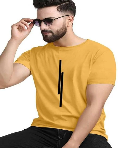 REVIZO Men 11 Line Typography Round Neck Polyester mustard T-Shirt