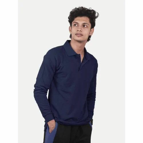 Rad Prix Men Solid Navy Blue Full Sleeve Polo T-shirt