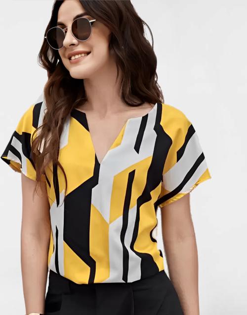 SELVIA Lycra Printed Regular Fir Yellow & White Women Top