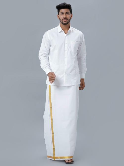 RAMRAJ Mens Pure Cotton White Full Sleeve Shirt With Gold Jari 1 Inch Double Layer Dhoti (42)