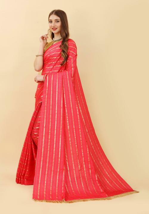 SE ShiVAdit Ethnic Women Gajari Pink Striped Silk Blend and Art Silk Leheria Saree