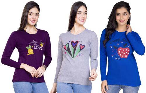 PEPP N HAGG 100% Cotton 180 GSM Ladies Full Sleeve T Shirt | Combo Pack of 3-PURPLE,MELANGE,BLUE 02