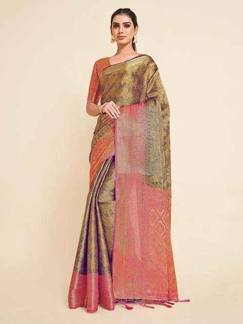 Mimosa Women Dark Blue Art Silk Kanjivaram Saree