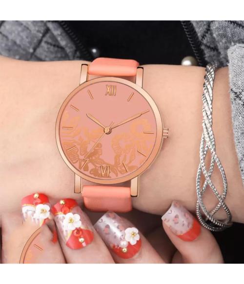 Goldenize fashion New Stylish Orange Flower Dial Women's & Girl's Watch Leather material band watch for Girls