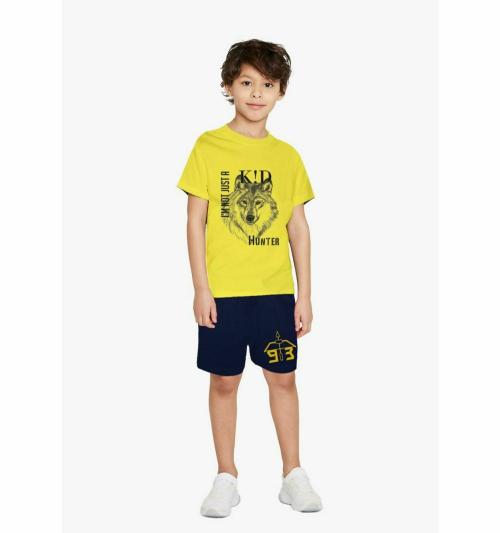 Silverfang Boys Lemon Yellow Printed Pure Cotton T-shirt with Shorts