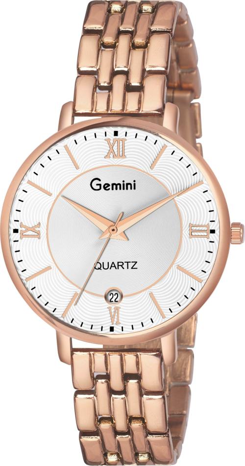 Gemini Analog Silver Dial Rose Gold Strap Watch For Women