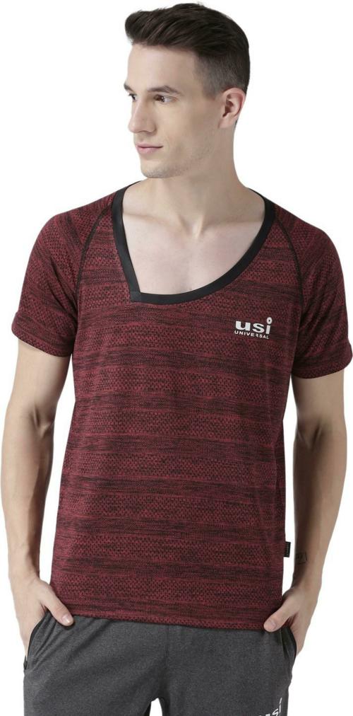 USI Men Maroon Solid Polyester V Neck T-shirt