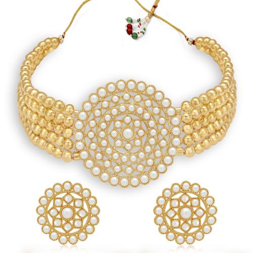 Sukkhi Glorious Gold Plated Golden LCT Pearl Choker Necklace Set for Women
