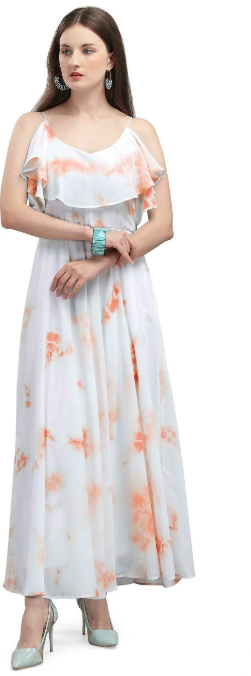 Vaani Creation Women Orange, White Georgette Fit and Flare Dress (L)