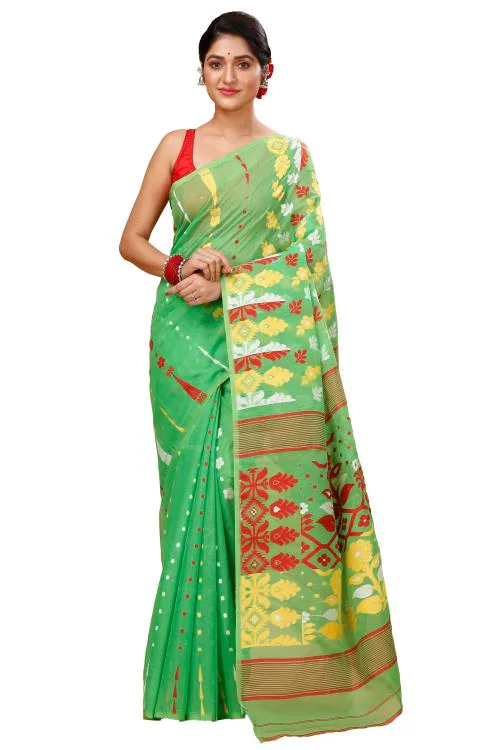 Happy creation Pure Bengali Cotton Tant Jamdani Saree without blouse piece sobuj tin pata