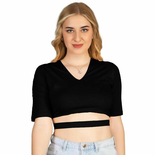 Buy Ad2Cart Women Black Cotton Va4464 Deep V Neck Crop Top (Xs) Online