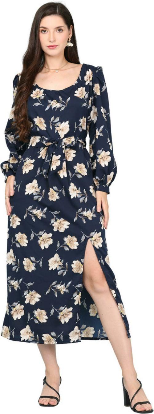 HSM HIGH Impero Embroidered Cotton Blend Stitched Flared/A-line Gown (Dark Blue)