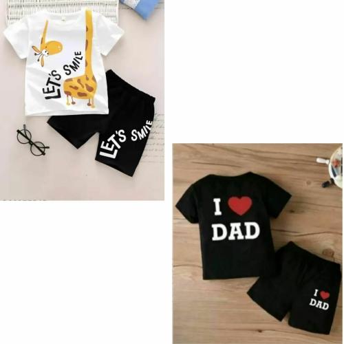 PANKHU JIRAPH AND I LOVE DAD TEXT PRINTED T-SHIRTS AND SHORT FOR KIDS | PIECE OF 2 | COLOR-BLACK AND WHITE | SIZE-6-9M