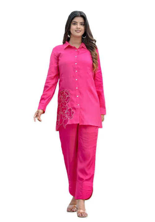 M March Label Cotton Fushica Pink Cord Set For Woman And Girls