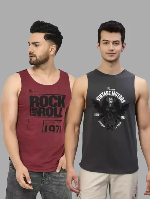 Rigo Men's Maroon Black and Dark Grey Printed Cotton Sleeveless Vest T-Shirt-Pack of 2