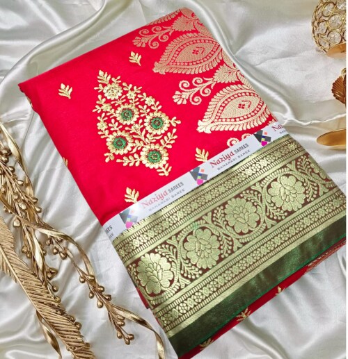 NAZIYA SAREES Banarasi satin silk 6m saree and 3m 60cm with embroidery full work