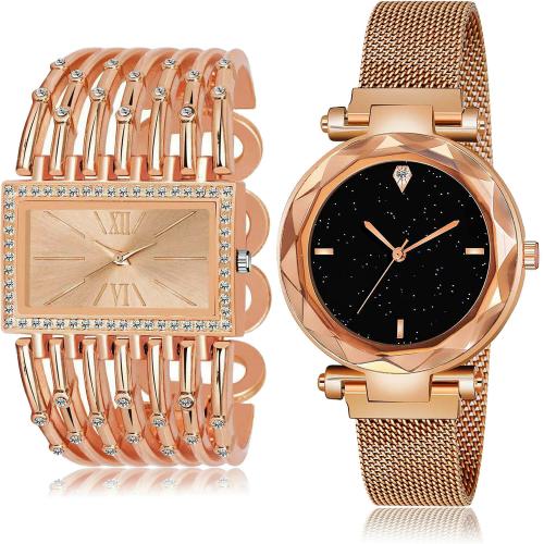 NEUTRON Treading Fashion Chain Bracelet Diamond And Magnet Rose Gold Colour Analog Metal And Stainless Steel Belt 2 Watch Combo For Women And Girls - G585-GC5