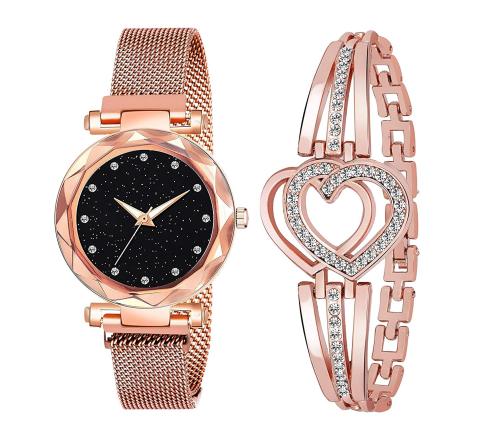 Crispy Analog Black Dial Rose Gold Strap Watch For Girls And Women (Pack of 2)