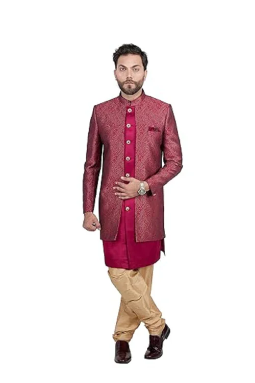 REBELLO The Complete Fashion Men's Royal 4 Pcs Indo Western Set - Includes Indo Western, Kurta, Polo Pant, and a Pocket Square||Size-44||Color-Maroon