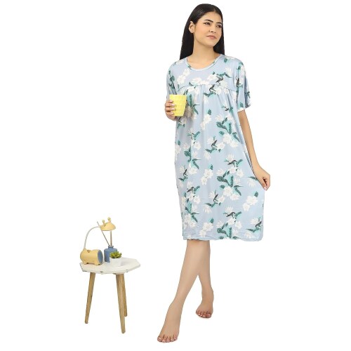 AUREA Night Gown For Women | Cotton Night Gown Knee Length Short | Nighty Dress | Comfortable Maxi Dress | Short Length | Stylish Sleepwear | Fancy Sleepwear/Nightwear (Free Size, Light Grey)
