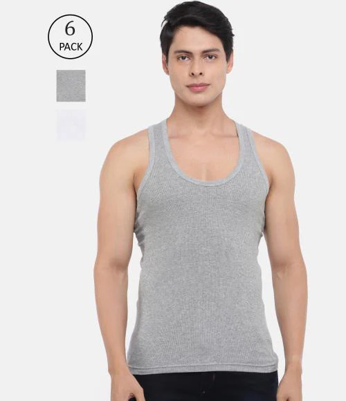 Dollar Bigboss Men's White & Grey Pack of 6 Solid Derby RN Vest