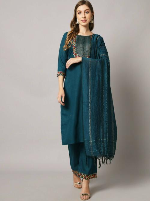 Sun Fashion And Lifestyle Women Dark Green Embroidered Cotton Blend Kurta And Pant Set (S)