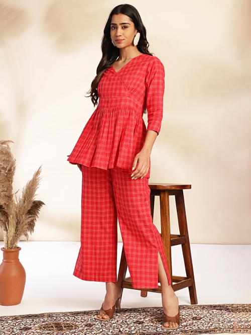 Janasya Women's Red Cotton Checked Peplum Co-ord Set