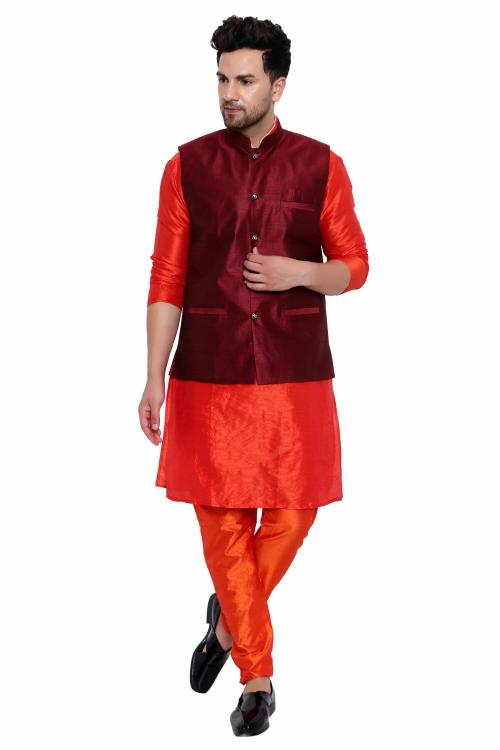 RYLEN Men's Silk Kurta Pajama With Modi Jacket, nehru Jacket With Kurta Pajama, Wedding Dress For Men, Indian Waistcoat For Men