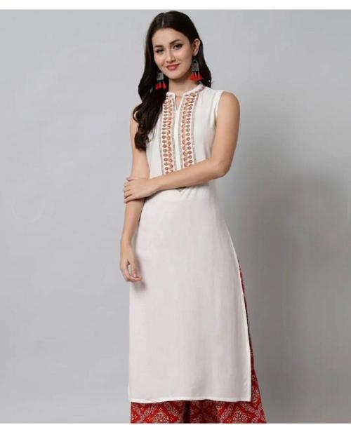 DANEEN Women Embroidered Rayon Straight Sleeveless Kurti ( White-M )