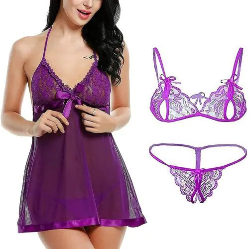 FASHION BONES Plus Size Combo Lingerie Lace Babydoll Womens Strap Chemise Nightgown V Neck Nighty Mesh Sleepwear Side Slit Nightdress (Purple) (Free Size)