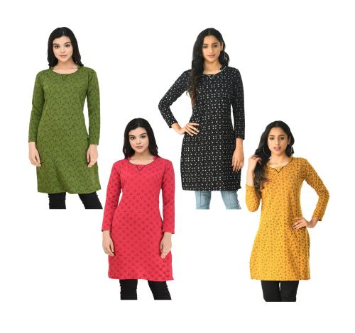 KAYU Women Fleece Warm Printed Kurtis for Winters {Pack of 4} Multicolor