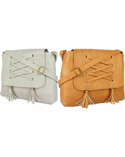 SAHAL FASHION Grey and Tan PU Leather Sling Bag - Regular (Pack of 2)