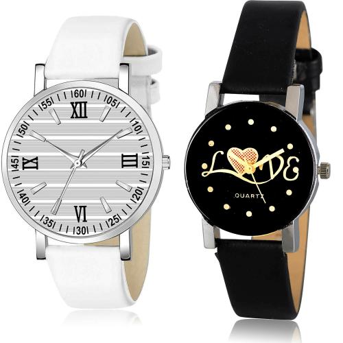 NEUTRON Treading Tread Casual And Love Valentine White And Black Colour Analog Genuine Leather Belt 2 Watch Combo For Women And Girls - G549-G390