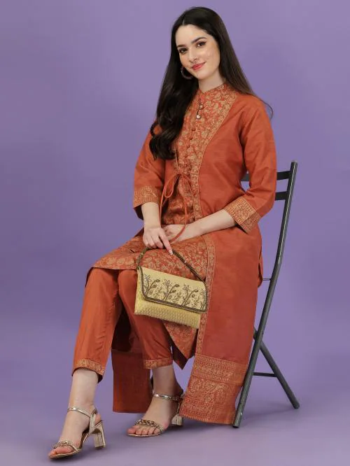 Curie Apaprels Women's Gold Printed Ethnic Jacket With Kurta Set (Light Brown) (CAJK40ANIMAL)