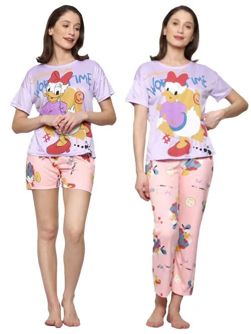 AUREA Half Sleeves Cartoon Printed T-Shirt Pyjama & Shorts Night Suit 3 pcs Set for Girls & Women