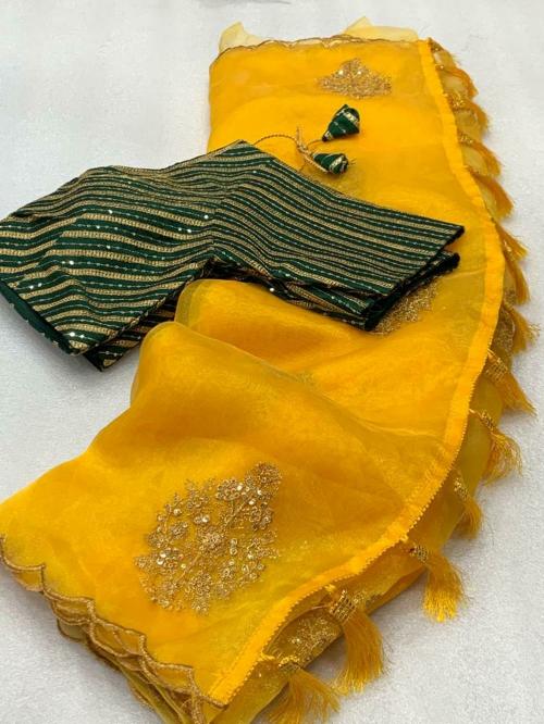 Vinayak Textile Yellow Colored Organza Silk Embroidered Saree