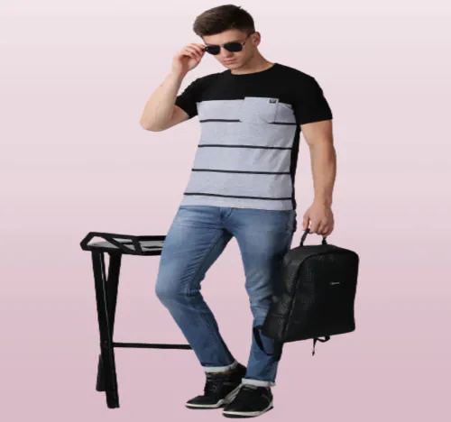 THE FASHION FACTORY Men Striped Round Neck Cotton Blend Black, Grey T-Shirt-B