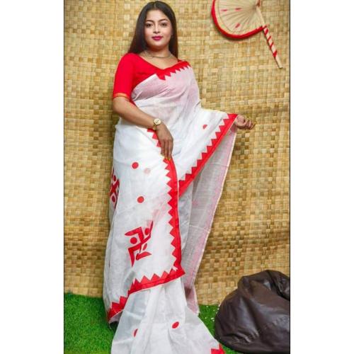 moharani Women Bengal Handloom Cotton Silk Swastik Design Saree With Blouse |Size - 6.3m, White | Pack Of 1